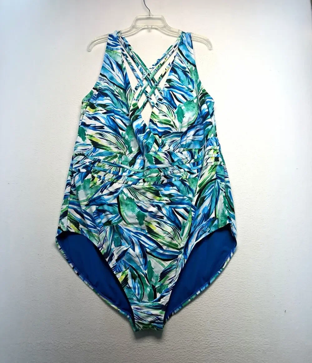 Terra & Sky One-Piece Swimsuit 5X Plus Tropical Crossback Blue/Green beach pool